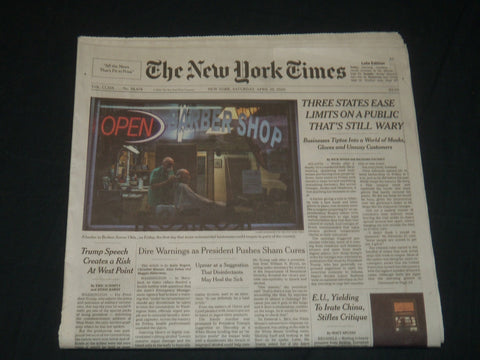 2020 APRIL 25 NEW YORK TIMES - THREE STATES EASE LIMITS ON A PUBLIC STILL WARY