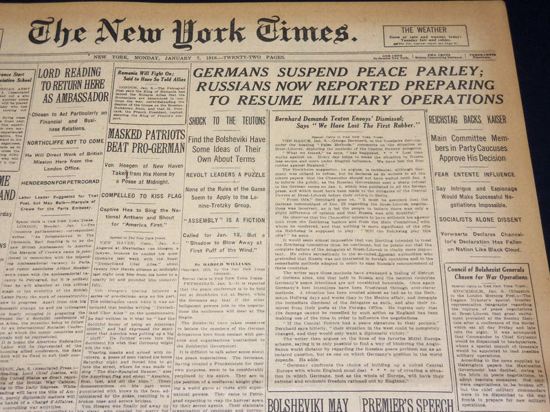 1918 JANUARY 7 NEW YORK TIMES - GERMANS SUSPEND PEACE PARLEY - NT 7916