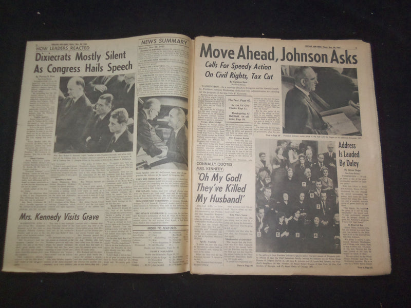 1963 NOV 28 CHICAGO SUN-TIMES NEWSPAPER- LBJ STATE OF THE UNION ADDRESS- NP 8046