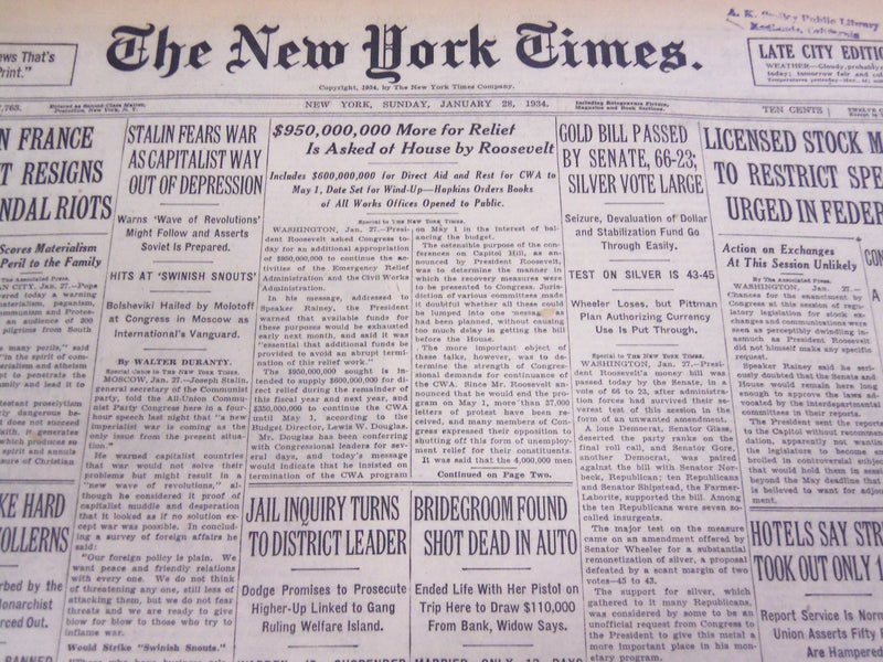1934 JANUARY 28 NEW YORK TIMES - GOLD BILL PASSED BY SENATE - NT 4209