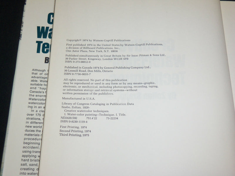 1975 CREATIVE WATERCOLOR TECHNIQUES HARDCOVER BOOK BY ZOLTAN SZABO - I 1943