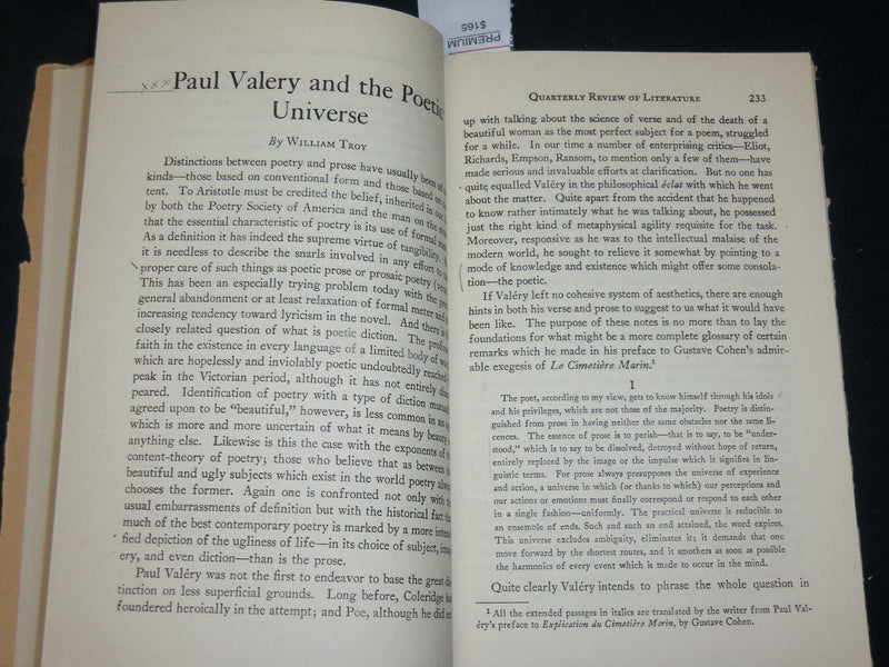 1947 QUARTERLY REVIEW OF LITERATURE MAGAZINE - PAUL VALERY - POETRY - J 6103