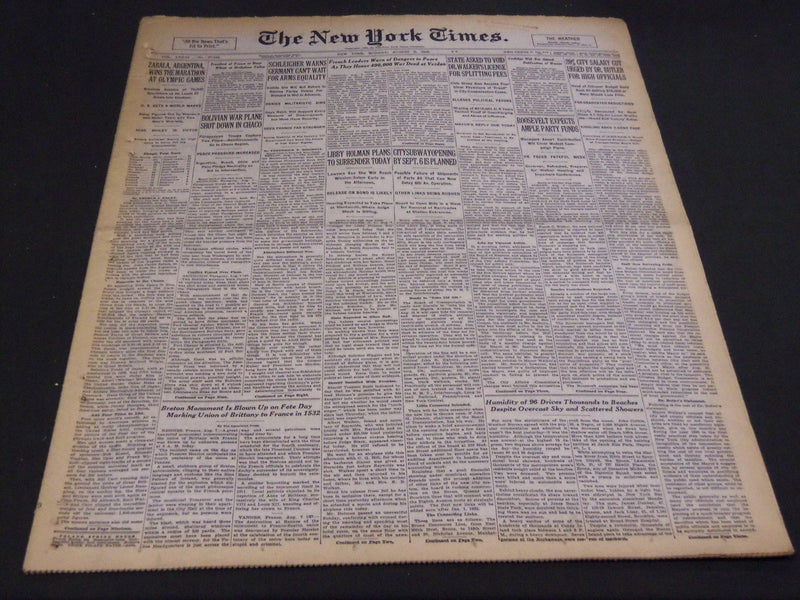 1932 AUGUST 8 NEW YORK TIMES - ZABALA WINS MARATHON AT OLYMPIC GAMES - NT 4804
