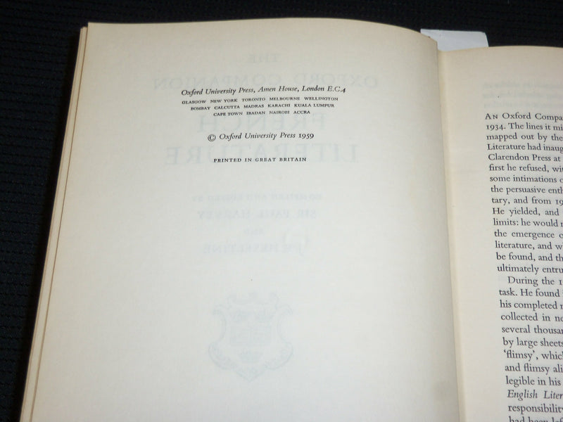 1959 THE OXFORD COMPANION TO FRENCH LITERATURE HARDCOVER BOOK - KD 7415