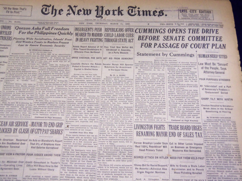 1937 MARCH 11 NEW YORK TIMES - CUMMINGS DRIVES COURT PLAN - NT 3084