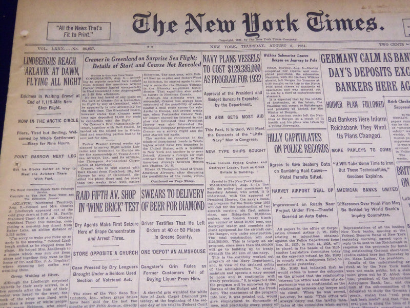 1931 AUGUST 6 NEW YORK TIMES - LINDBERGH'S REACH AKLAVIK - NT 3928