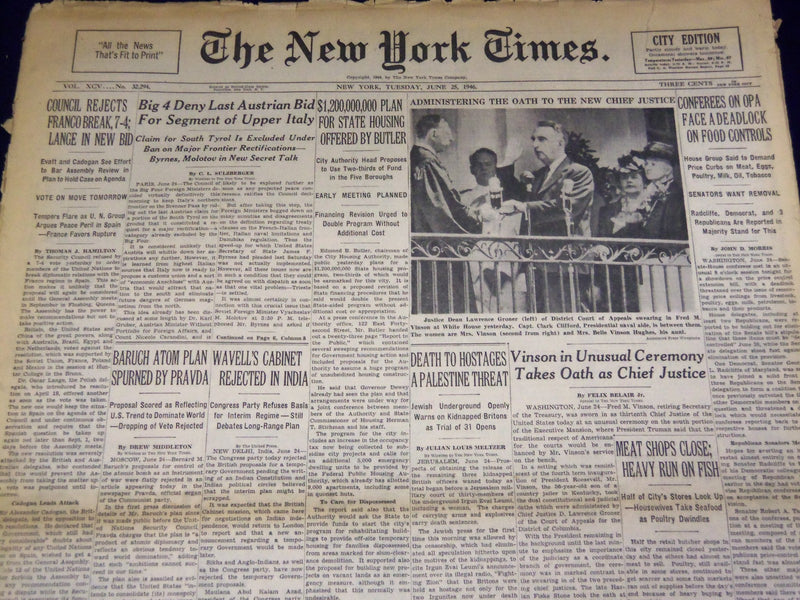 1946 JUNE 25 NEW YORK TIMES - BARUCH ATOM PLAN SPURNED - NT 2957