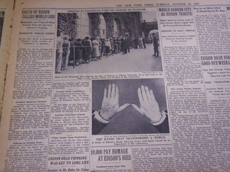 1931 OCTOBER 20 NEW YORK TIMES - 10,000 MOURNERS PASS EDISON'S BIER - NT 5013
