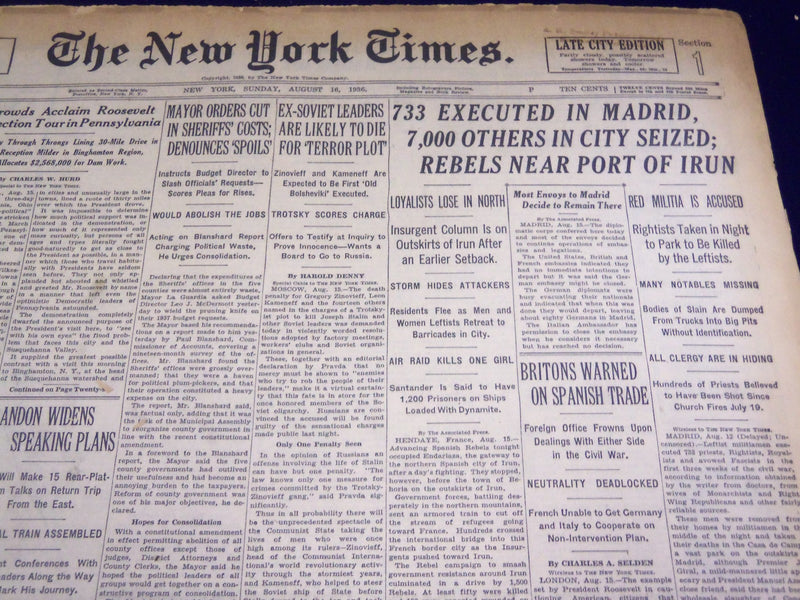 1936 AUG 16 NEW YORK TIMES - 733 EXECUTED IN MADRID 7,000 OTHERS SEIZED- NT 2124
