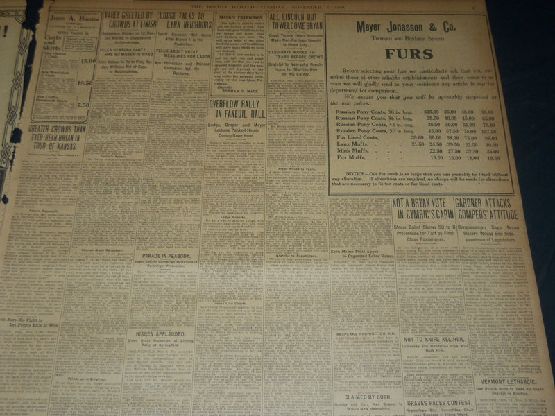 1908 NOV 3 THE BOSTON HERALD - INDICATIONS POINT TO TAFT WITH 304 VOTES - BH 240