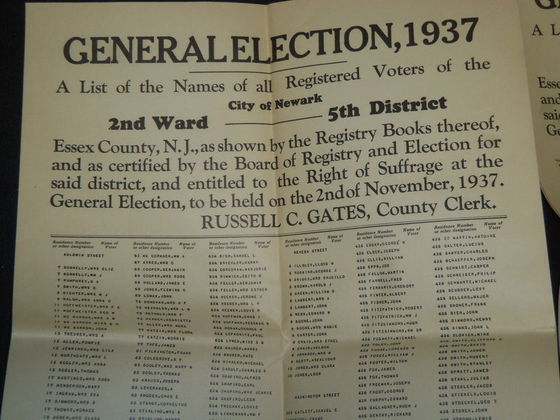 1937 GENERAL ELECTION CITY OF NEWARK 2ND WARD 5TH DISTRICT LOT OF 4 - J 5437