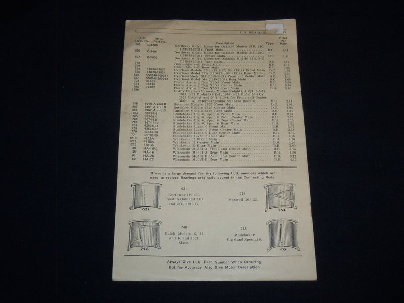 1923 U. S. MOTOR BEARING PRICE LIST NO. 110 - CONNECTING ROD & MAIN - J 9022