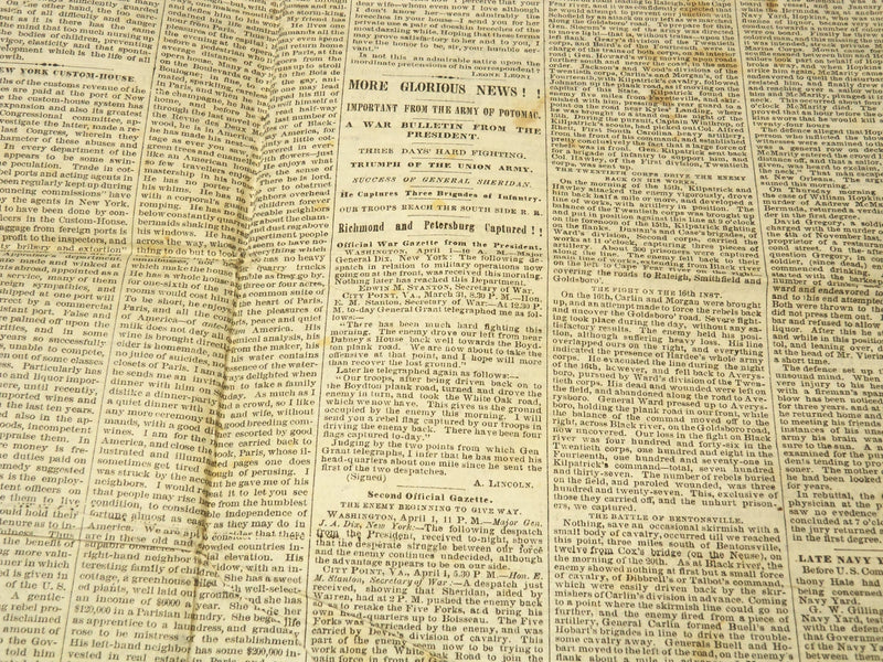 1865 APRIL 5 THE HOME WEEKLY NEWSPAPER - BULLETIN FROM LINCOLN - NP 8991