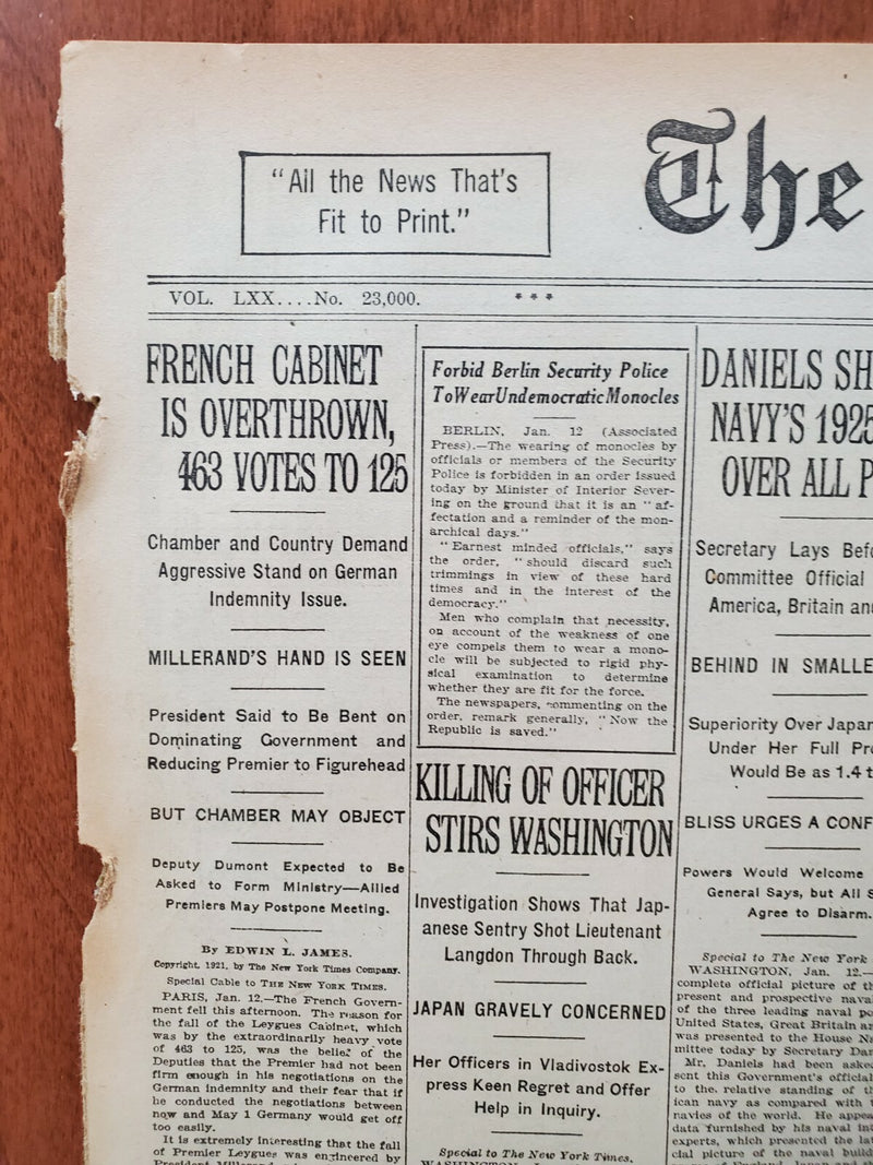 1921 JANUARY 13 NEW YORK TIMES-FRENCH CABINET OVERTHROWN 463 VOTES TO 125-NT809