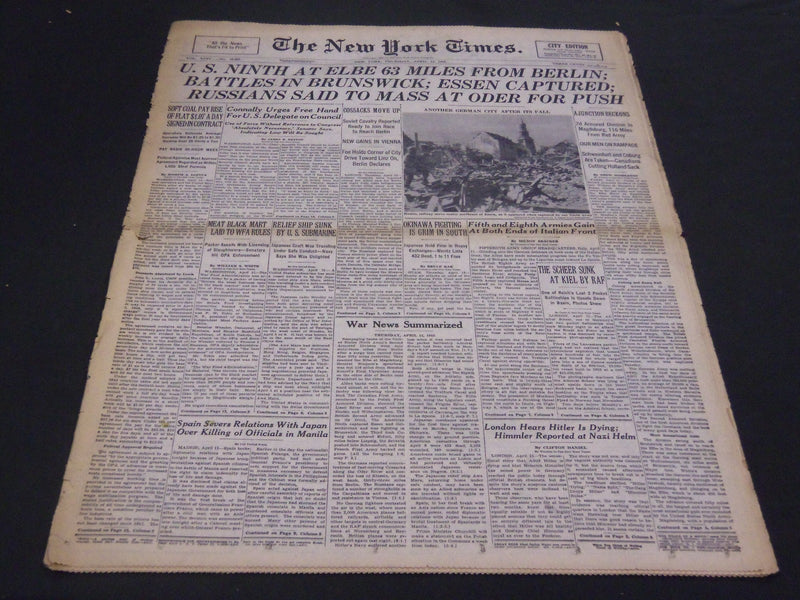 1945 APRIL 12 NEW YORK TIMES - U. S. 9TH AT ELBE NEAR BERLIN - NT 4372