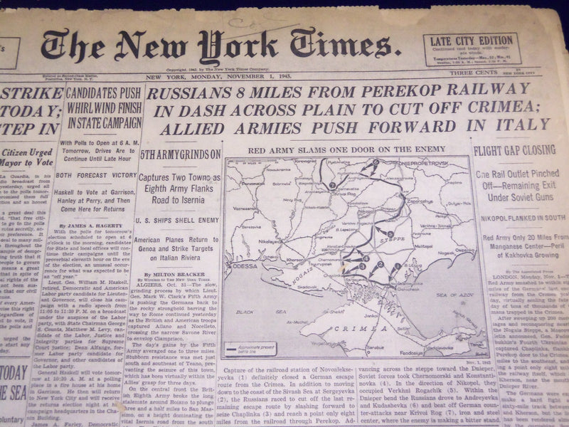 1943 NOVEMBER 1 NEW YORK TIMES - RUSSIANS 8 MILES FROM PEREKOP RAILWAY - NT 1038