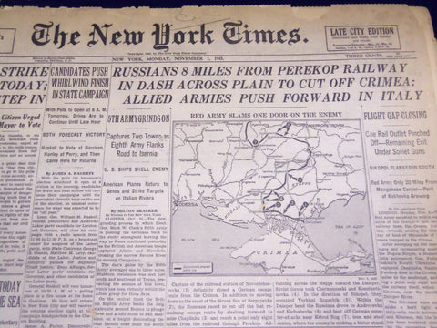 1943 NOVEMBER 1 NEW YORK TIMES - RUSSIANS 8 MILES FROM PEREKOP RAILWAY - NT 1038