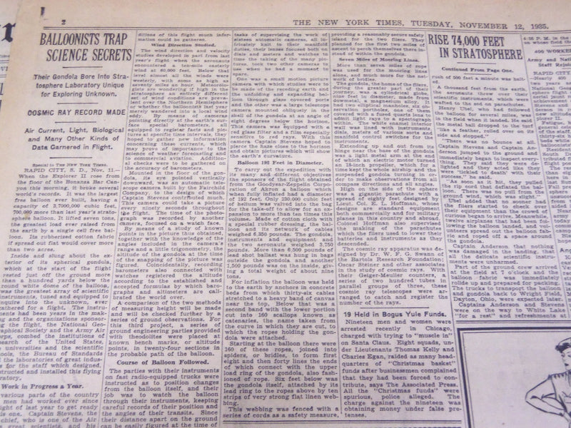 1935 NOV 12 NEW YORK TIMES - ARMY MEN RISE 74,000 FEET IN STRATOSPHERE - NT 1965