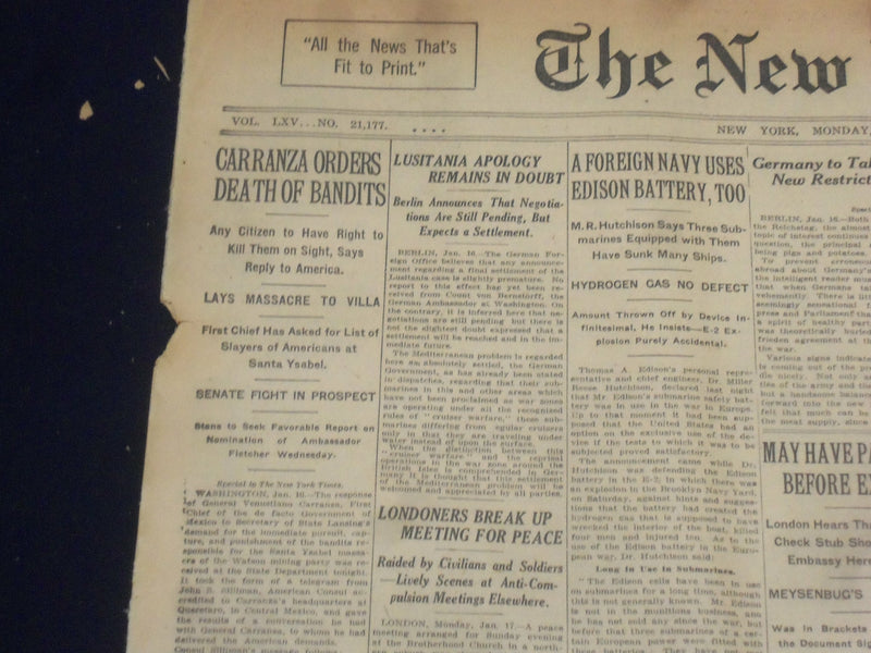 1916 JANUARY 17 NEW YORK TIMES - LUSITANIA APOLOGY REMAINS IN DOUBT - NT 9074
