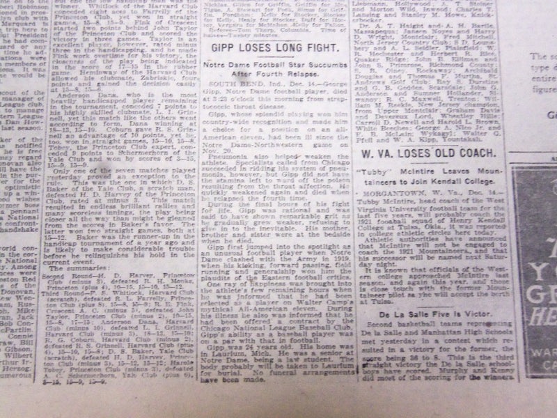 1920 DEC 15 NEW YORK TIMES - DEMPSEY KO'S BRENNAN - GIPP LOSES FIGHT - NT 5331
