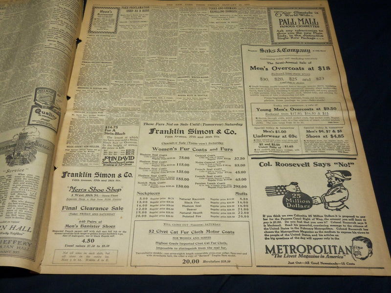 1915 JANUARY 22 NEW YORK TIMES NEWSPAPER - TEXT OF LETTER BY MERCIER - NT 7833