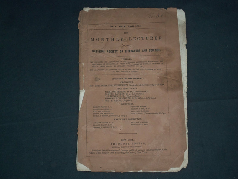 1841 APRIL THE MONTHLY LECTURE OF THE NAT'L SOCIETY OF LIT. & SCIENCE - J 4375