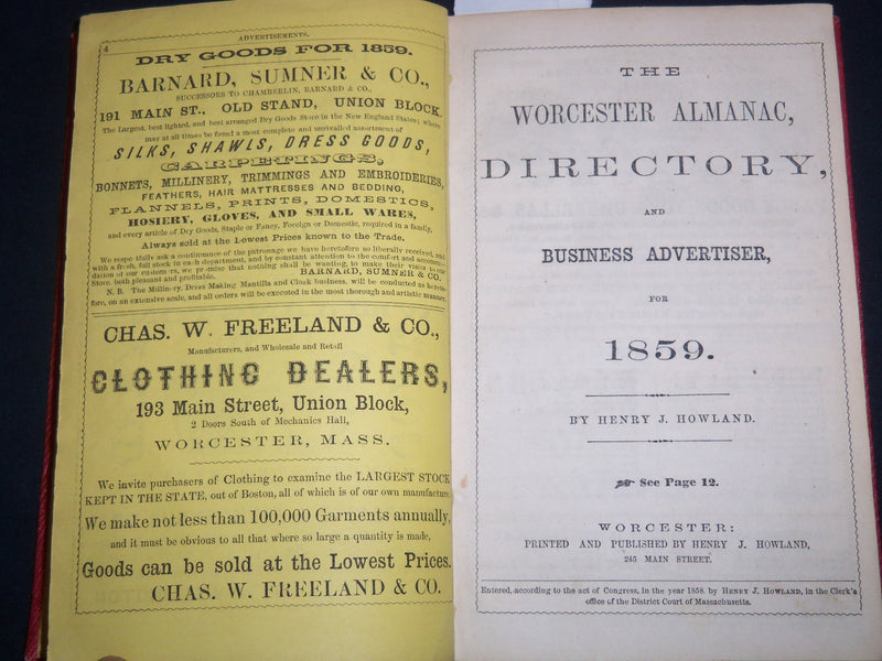 1859 WORCESTER ALMANAC DIRECTORY & BUSINESS ADVERTISER - FOLD OUT MAP - KD 5295G