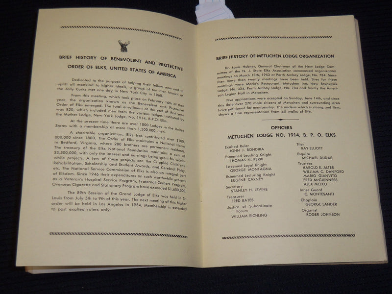 1953 OCTOBER 4 INSTITUTION OF METUCHEN LODGE NO. 1914 PROGRAM - K 96