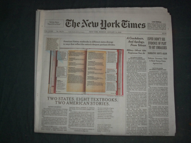 2020 JAN 13 NEW YORK TIMES - ESPER DIDN'T SEE EVIDENCE OF PLOT TO HIT EMBASSIES