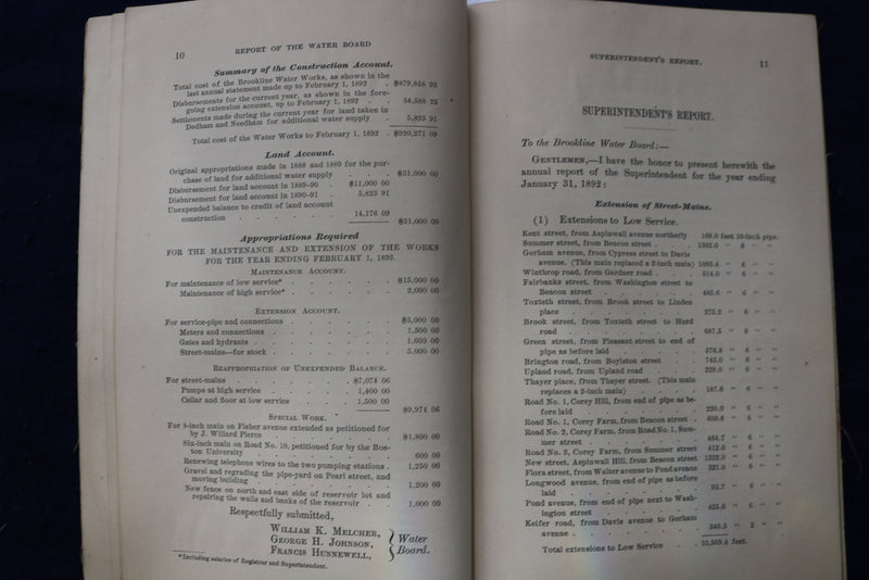 1892 BROOKLINE WATER BOARD ANNUAL REPORT SOFTCOVER BOOK - K 795