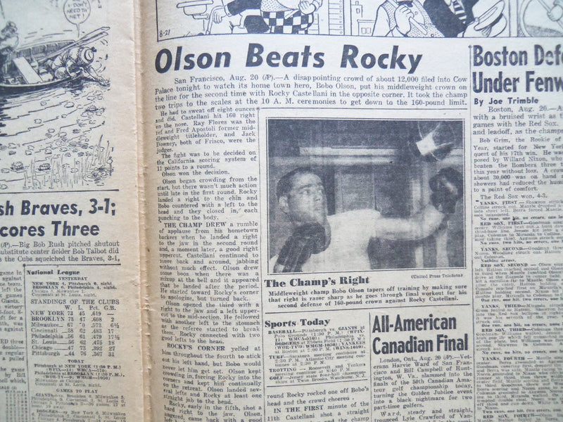 1954 AUGUST 21 NY DAILY NEWS NEWSPAPER - OLSON BEATS ROCKY IN 15 - NP 2503