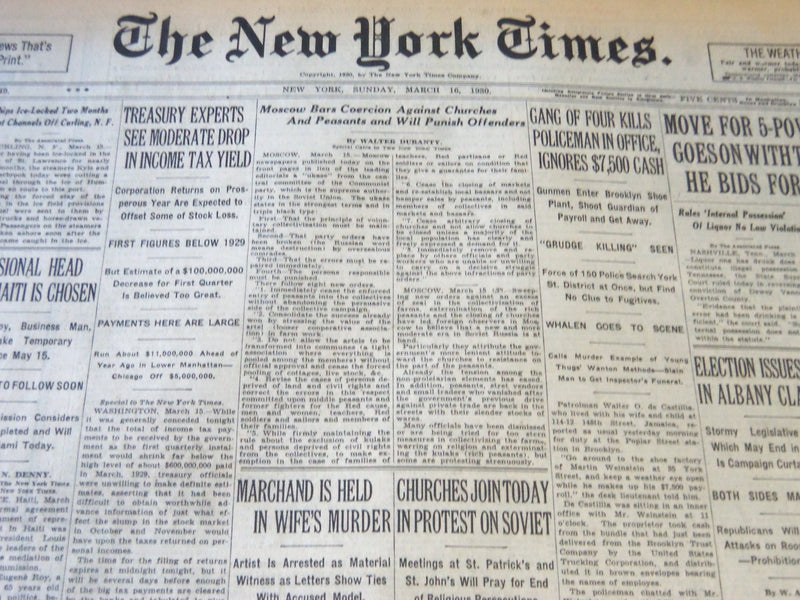 1930 MARCH 16 NEW YORK TIMES - GANG OF FOUR KILLS POLICEMAN IN OFFICE - NT 6339