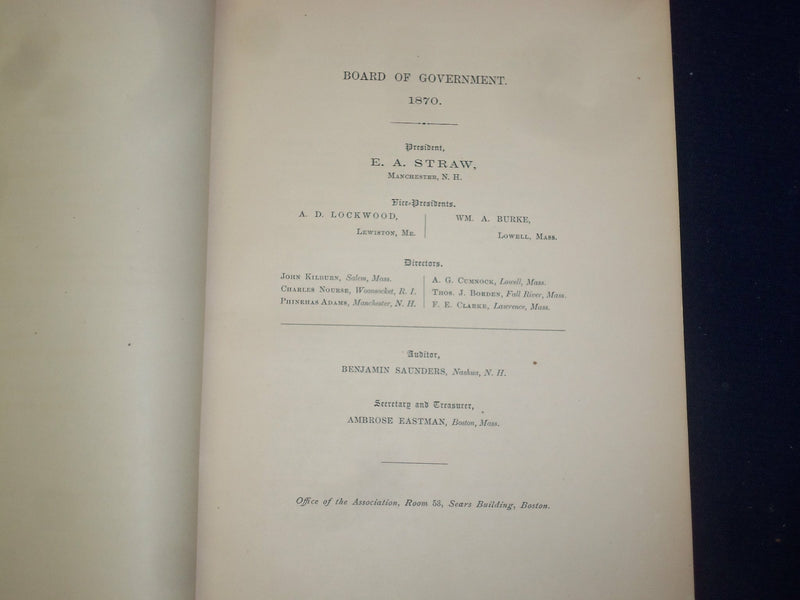 1870 N.E. COTTON MANUFACTURES' ASSOC. ANNUAL PROCEEDINGS REPORT - BOSTON -J 4361