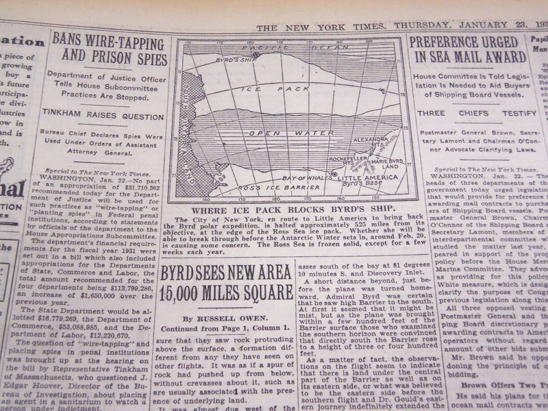 1930 JANUARY 23 NEW YORK TIMES - BYRD SEES NEW AREA SHIP BLOCKED - NT 1671