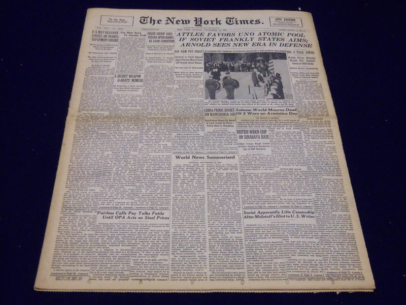 1945 NOVEMBER 12 NEW YORK TIMES - ATTLEE FAVORS UNO ATOMIC POOL - NT 282
