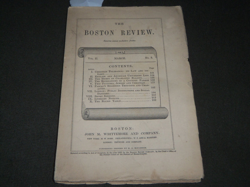 1862 MARCH THE BOSTON REVIEW MAGAZINE VOLUME 2 NO. 8 - J 2790