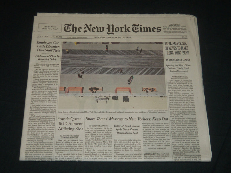 2020 MAY 23 NEW YORK TIMES - SHORE TOWNS' MESSAGE TO NEW YORKERS KEEP OUT