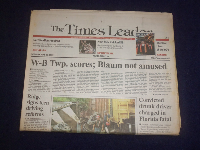 1999 JUNE 26 WILKES-BARRE TIMES LEADER -RIDGE SIGNS TEEN DRIVING REFORMS-NP 8264