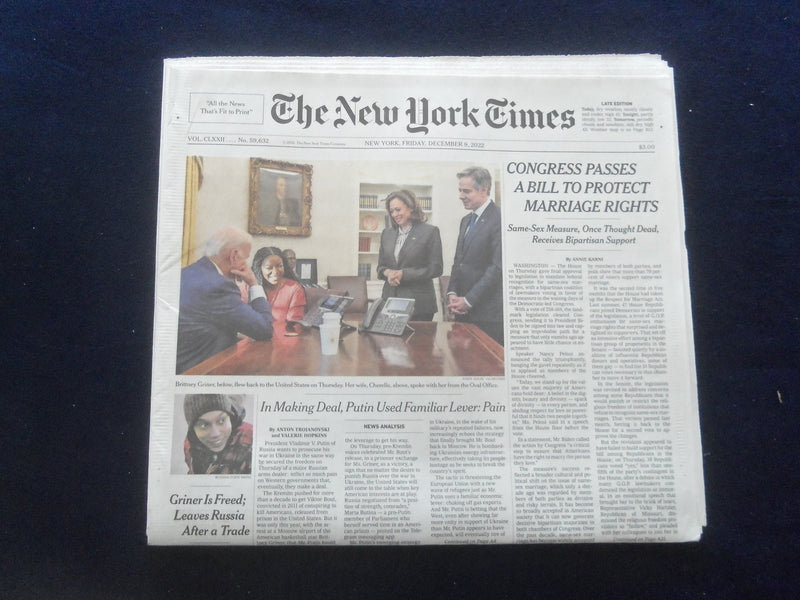 2022 DEC 9 NEW YORK TIMES - CONGRESS PASSES A BILL TO PROTECT MARRIAGE RIGHTS