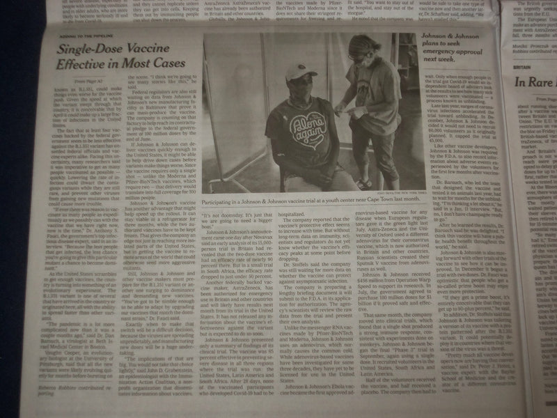 2021 JANUARY 30 NEW YORK TIMES - J&J ONE-DOSE VACCINE PROVED EFFECTIVE VS. VIRUS