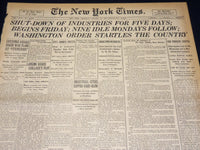 1918 JANUARY 17 NEW YORK TIMES - SHUTDOWN OF INDUSTRIES FOR FIVE DAYS - NT 7926