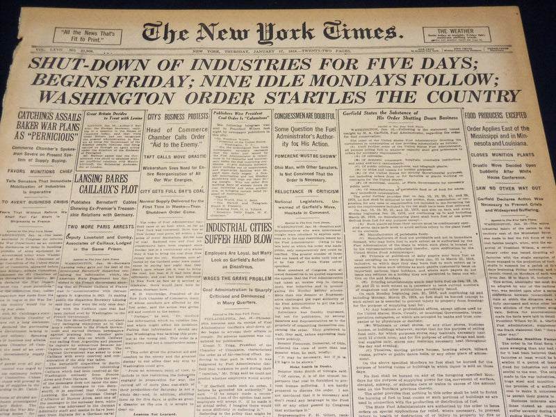 1918 JANUARY 17 NEW YORK TIMES - SHUTDOWN OF INDUSTRIES FOR FIVE DAYS - NT 7926