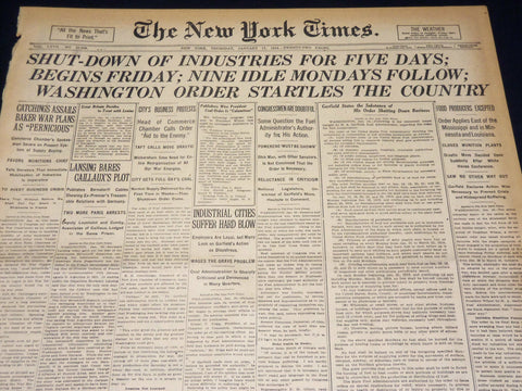 1918 JANUARY 17 NEW YORK TIMES - SHUTDOWN OF INDUSTRIES FOR FIVE DAYS - NT 7926