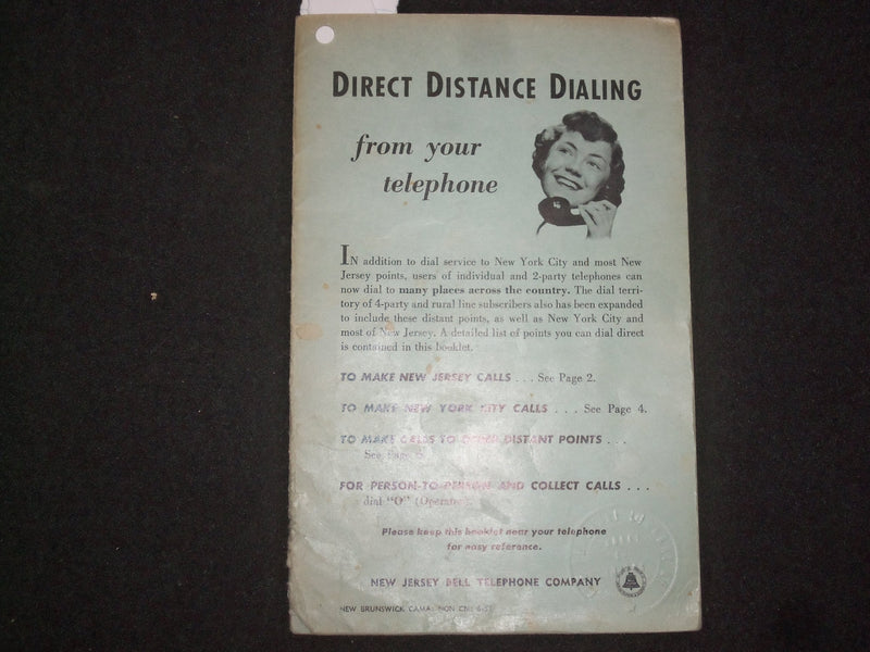 1950'S DIRECT DISTANCE DIALING FROM YOUR NJ BELL TELEPHONE SOFTCOVER BOOK-J 9859