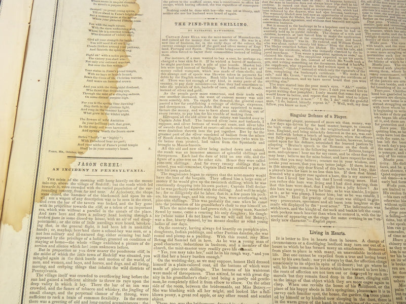 1850 NOV 9 BOSTON MUSEUM NEWSPAPER - PINE TREE SHILLING - HAWTHORNE - NP 9046