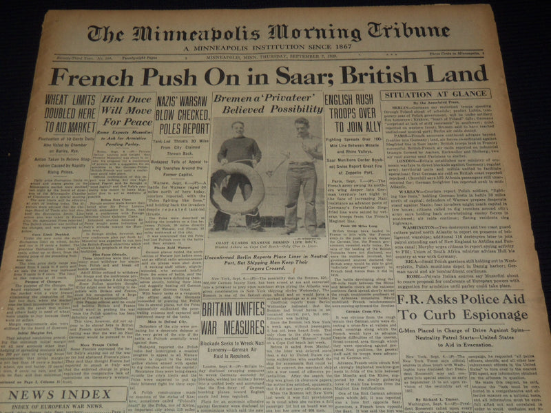 1939 SEPT 7 MINNEAPOLIS MORNING TRIBUNE - FRENCH PUSH ON IN SAAR - NT 9523