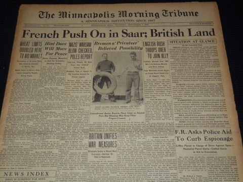 1939 SEPT 7 MINNEAPOLIS MORNING TRIBUNE - FRENCH PUSH ON IN SAAR - NT 9523