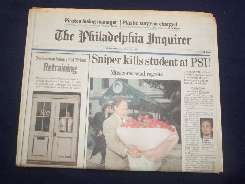1996 SEPTEMBER 18 PHILADELPHIA INQUIRER - SNIPER KILLS STUDENT AT PSU - NP 7159