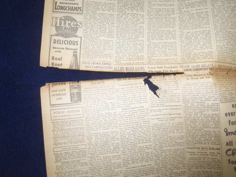 1940 MAY 24 NEW YORK TIMES -ALLIES PRESS DRIVE TO TRAP NAZIS IN SALIENT- NP 6496