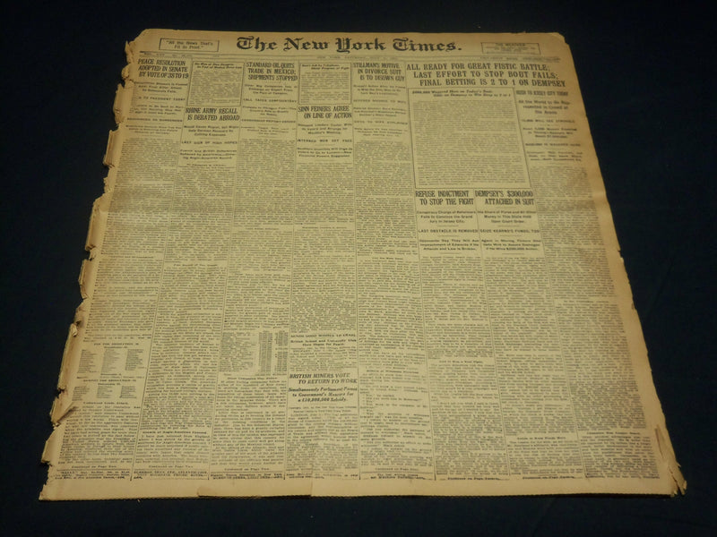 1921 JULY 2 NEW YORK TIMES NEWSPAPER- ALL READY FOR GREAT FISTIC BATTLE- NT 8693
